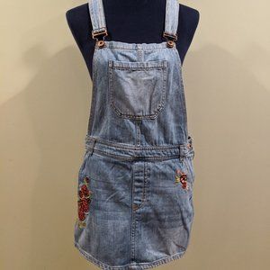 Denim Skirt Overalls with Embroidered Flowers